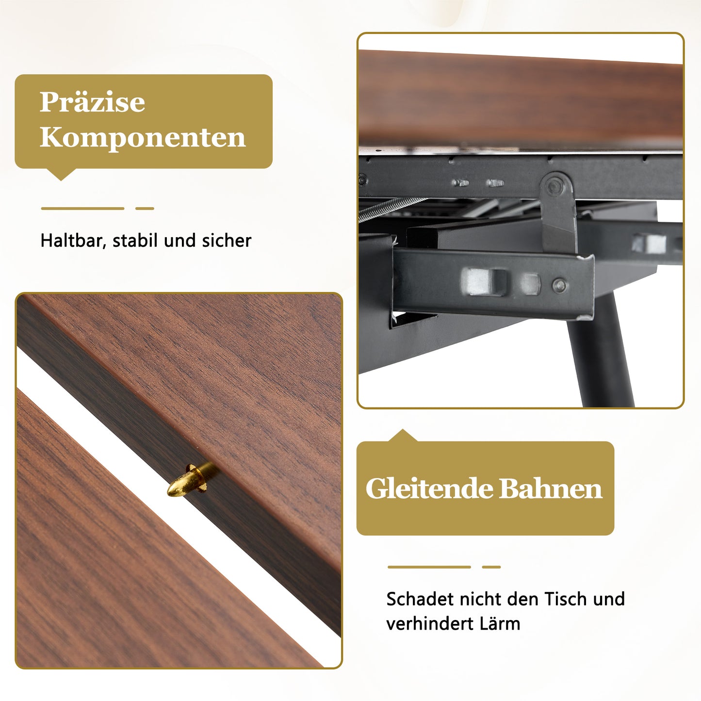 Moderner Ausziehbarer Esstisch, Verwandelt sich von Rund zu Oval, MDF-Platte in Schwarz/Nussbaum mit Gold-Akzenten, Stabile Metallbeine, Platzsparend für Küche & Esszimmer