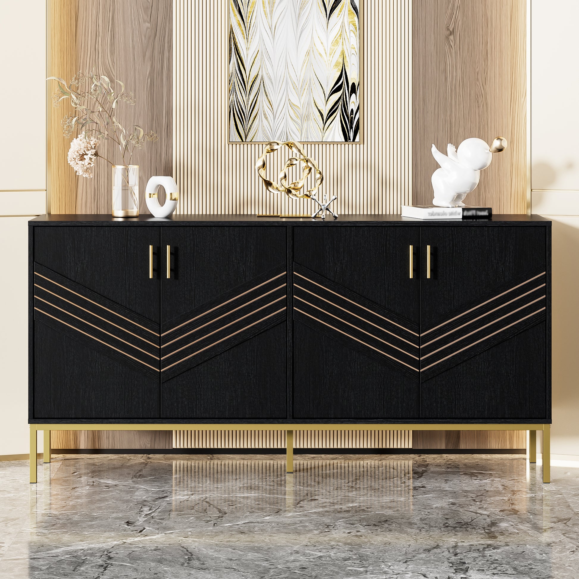 Gigab2b original image - Modernes Sideboard mit 4 Türen – Stilvolles Design in Schwarz & Gold, MDF-Korpus mit Metallbeinen, große Kapazität, höhenverstellbare Regale – für Wohnzimmer, Esszimmer & Flur