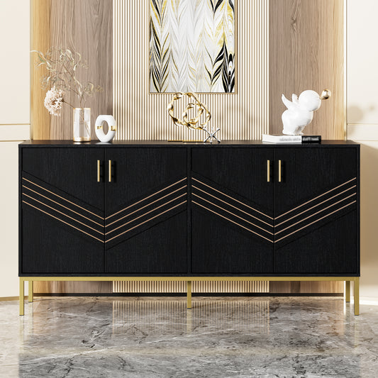 Gigab2b original image - Modernes Sideboard mit 4 Türen – Stilvolles Design in Schwarz & Gold, MDF-Korpus mit Metallbeinen, große Kapazität, höhenverstellbare Regale – für Wohnzimmer, Esszimmer & Flur