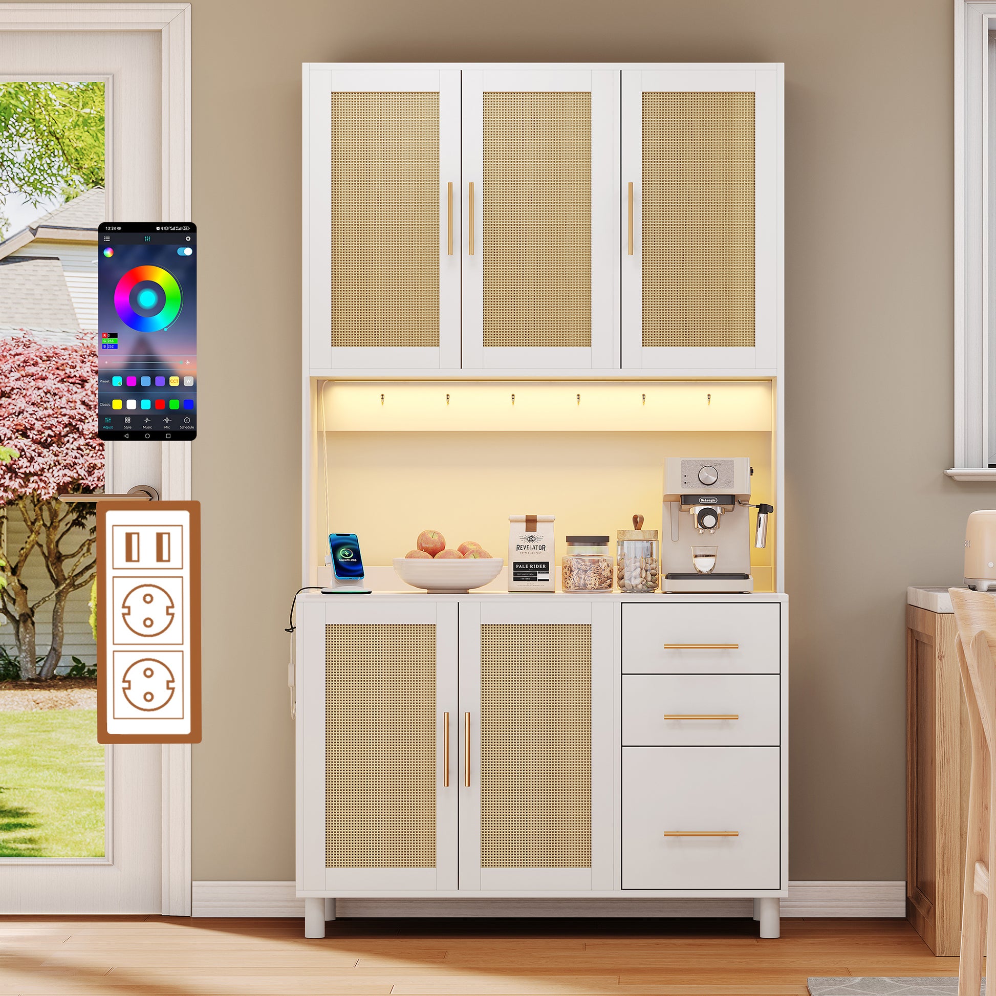 183cm Küchenanrichte, Buffet, App-gesteuerte LED-Deko-Lichter, 2 x USB, 2 x Steckdosen, verstellbare Einlegeböden, 3 Schubladen, goldene Metallgriffe, ideal für Küchen und Esszimmer.