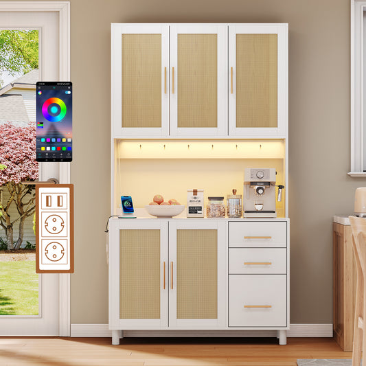 183cm Küchenanrichte, Buffet, App-gesteuerte LED-Deko-Lichter, 2 x USB, 2 x Steckdosen, verstellbare Einlegeböden, 3 Schubladen, goldene Metallgriffe, ideal für Küchen und Esszimmer.
