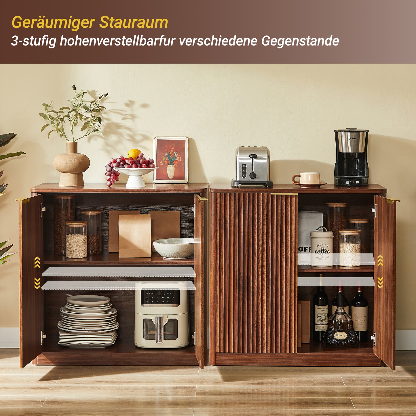 Modernes Sideboard mit Vertiefungspanelen & höhenverstellbaren Ablagen, TV-Schrank oder Buffet für Wohnzimmer & Esszimmer, wasserfeste Platte, 80x40x80 cm, Braun