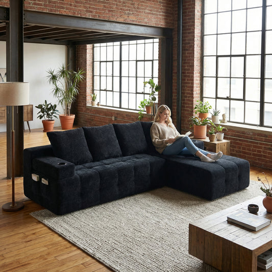 Chenille-L-Form moderner Sitzsofa mit umkehrbarer Chaise-Lounge, minimalistisches Design, Seitenfach, zwei Tassenhalter, bequeme Sitzposition für Wohnzimmer und Wohnung – montagefrei.