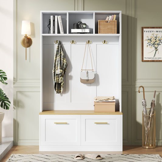 Gigab2b original image - Garderobenset mit Sitzbank, offenem Stauraum und 2 Türen – Kompaktgarderobe mit 4 Haken, in Natur & Weiß, Maße 105 × 40 × 180 cm