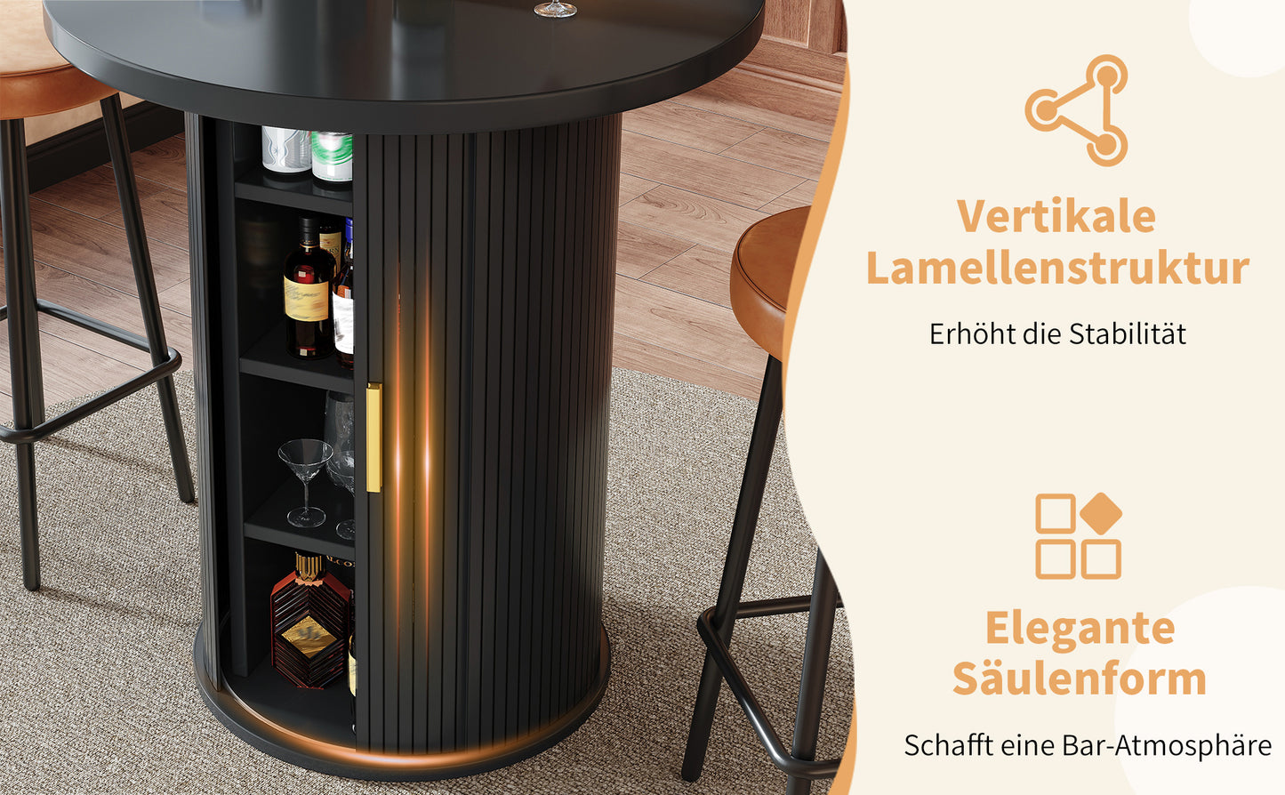 Bartisch-Set mit 2 Barhockern, Runder Stehtisch mit Stauraum & 2 ergonomischen Barhockern, MDF Holzoptik, für Bar & Wohnzimmer