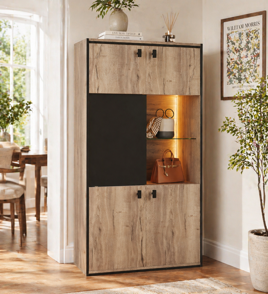 Gigab2b original image - Moderne Schrankkombination in Holzoptik mit schwarzem Gestell: Obere Doppeltüren, mittlere Schiebetüren mit offenem Regal und untere Fächer. Ideal für Akten, Deko und Alltagsordnung.