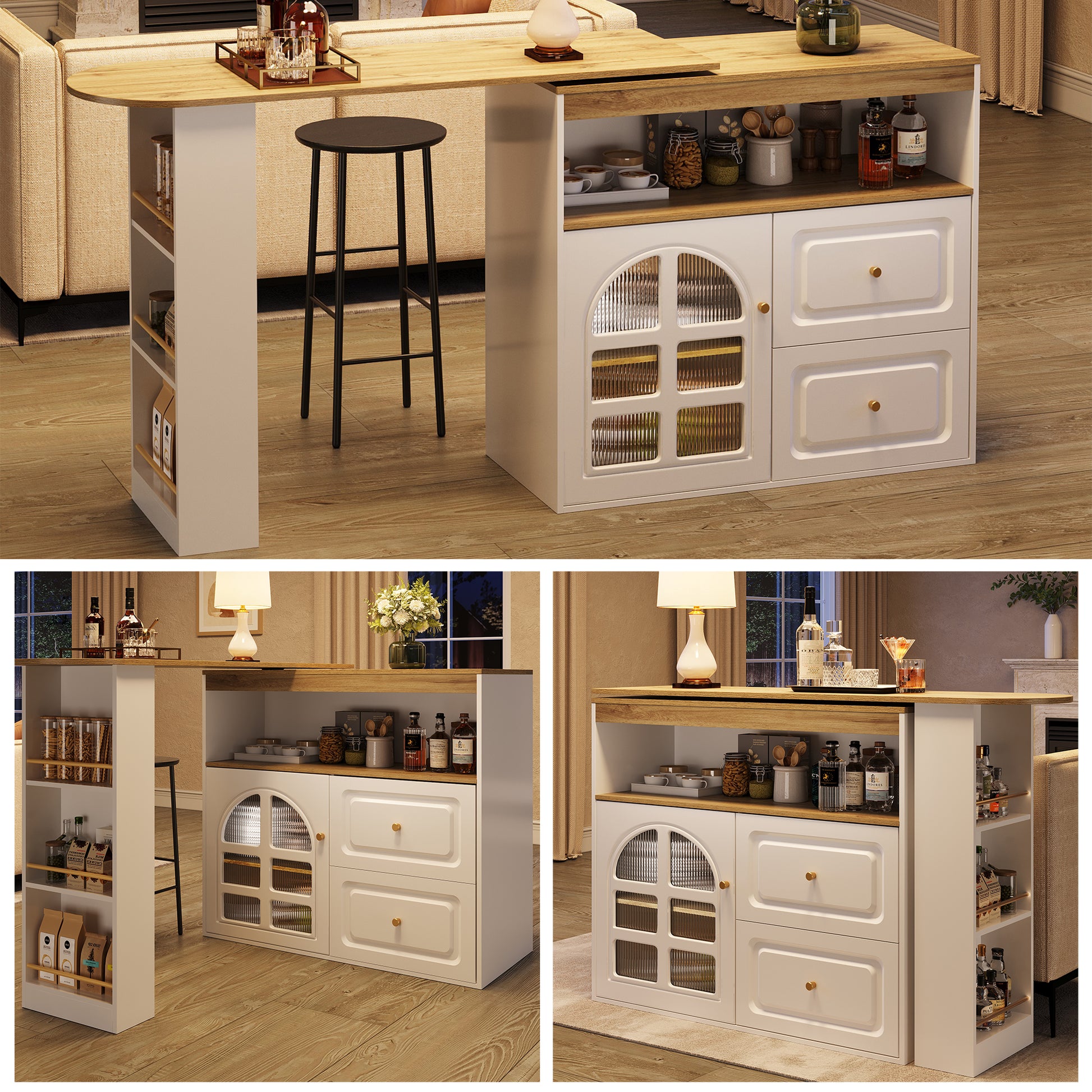 360° drehbare Essbar, schlicht und modern, geeignet für Schlafzimmer, Wohnzimmer, Esszimmer, 2 Schubladen, Snackregal, offenes Ablagefach, drehbarer Sideboardschrank mit Regalen und Bogenglas, weiß