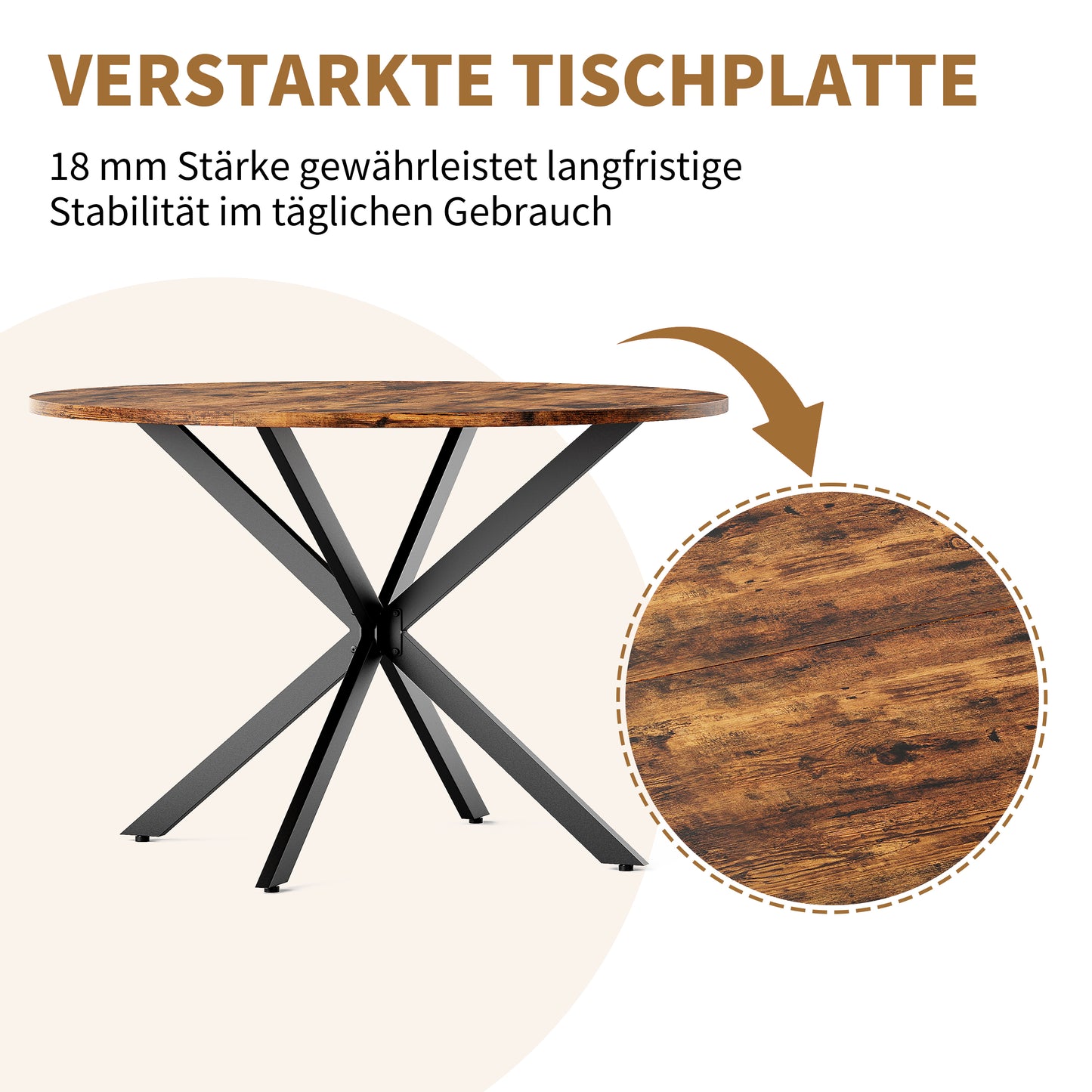 Runder Esstisch Industrialstil Ø120 cm großzügig mit X-Füßen Vintagebraun-Schwarz Küche Wohnzimmer
