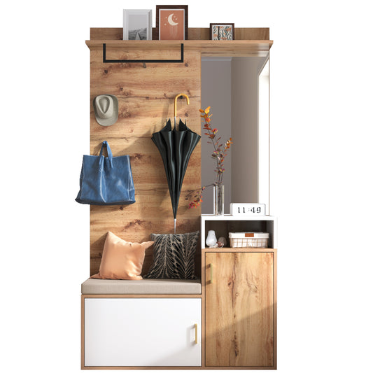 Gigab2b original image - Elegantes weißes und holzfarbenes Garderoben-Set mit Spiegel, Schuhschrank, Wandgarderobe, Sitzbank und Kleiderhaken (Not a one-piece product, requires drilling and punching holes in the wall)