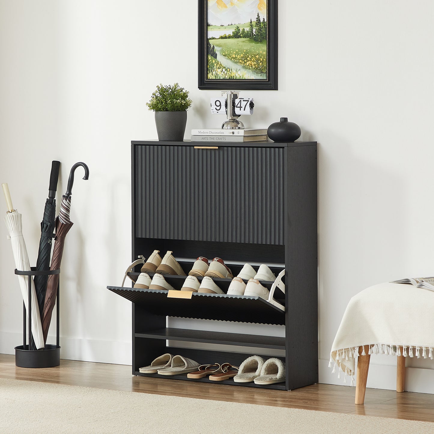 80 x 24 cm Schuhschrank mit Nutfront – Höhenverstellbar mit Kippschutz und Dekotisch für den Flur, in Schwarz