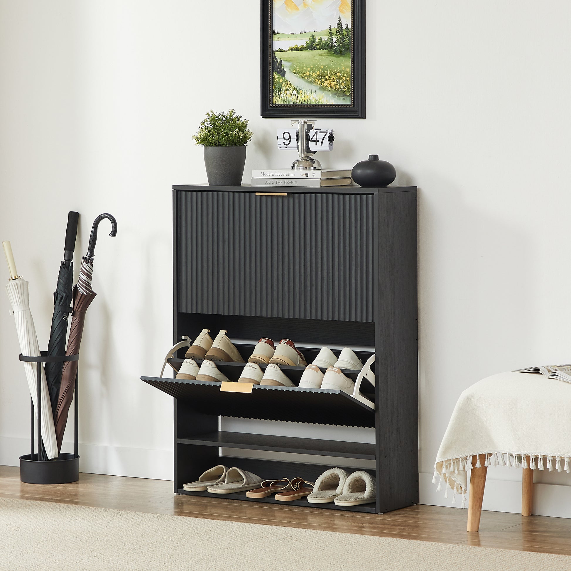 80 x 24 cm Schuhschrank mit Nutfront – Höhenverstellbar mit Kippschutz und Dekotisch für den Flur, in Schwarz
