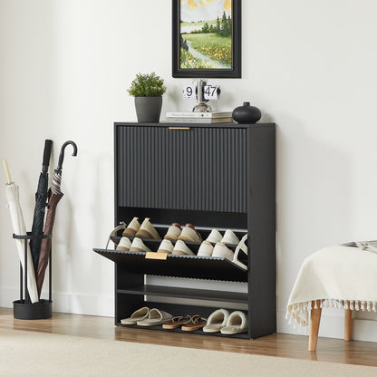 80 x 24 cm Schuhschrank mit Nutfront – Höhenverstellbar mit Kippschutz und Dekotisch für den Flur, in Schwarz