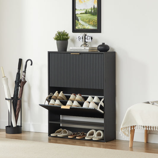 80 x 24 cm Schuhschrank mit Nutfront – Höhenverstellbar mit Kippschutz und Dekotisch für den Flur, in Schwarz
