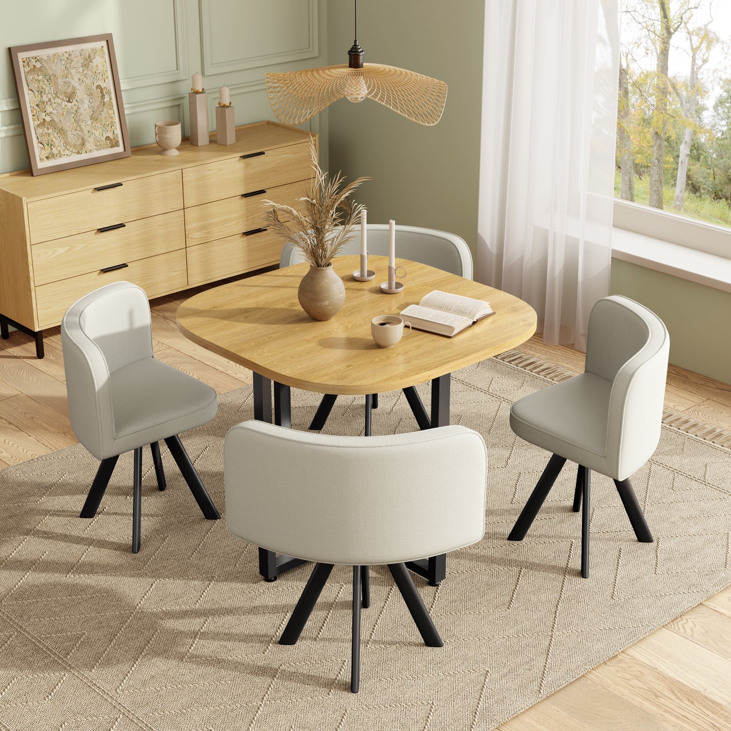 Esstisch und Stuhlset fur 4 Personen,bestehend aus einem Esstisch 85 x 85 cm und vier mit Leinen bezogenen