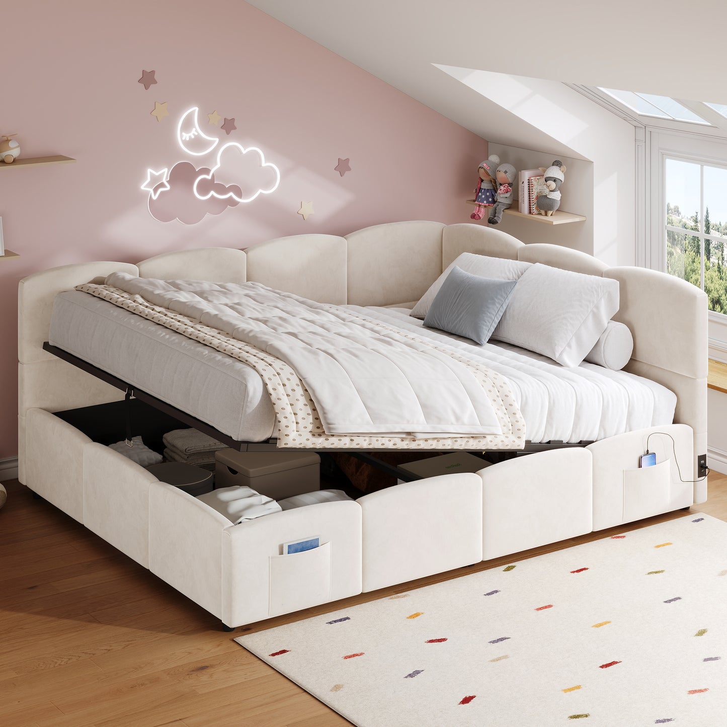 Gigab2b original image - Polsterbett,Kinderbett, Daybett, Stauraumbett, Schlafsofa 140x190 cm, mit Lattenrost, USB-Ladegerät, Stautasche, Jugendbett und Erwachsenen-Kinderbett,Samt, beige (ohne Matratze)