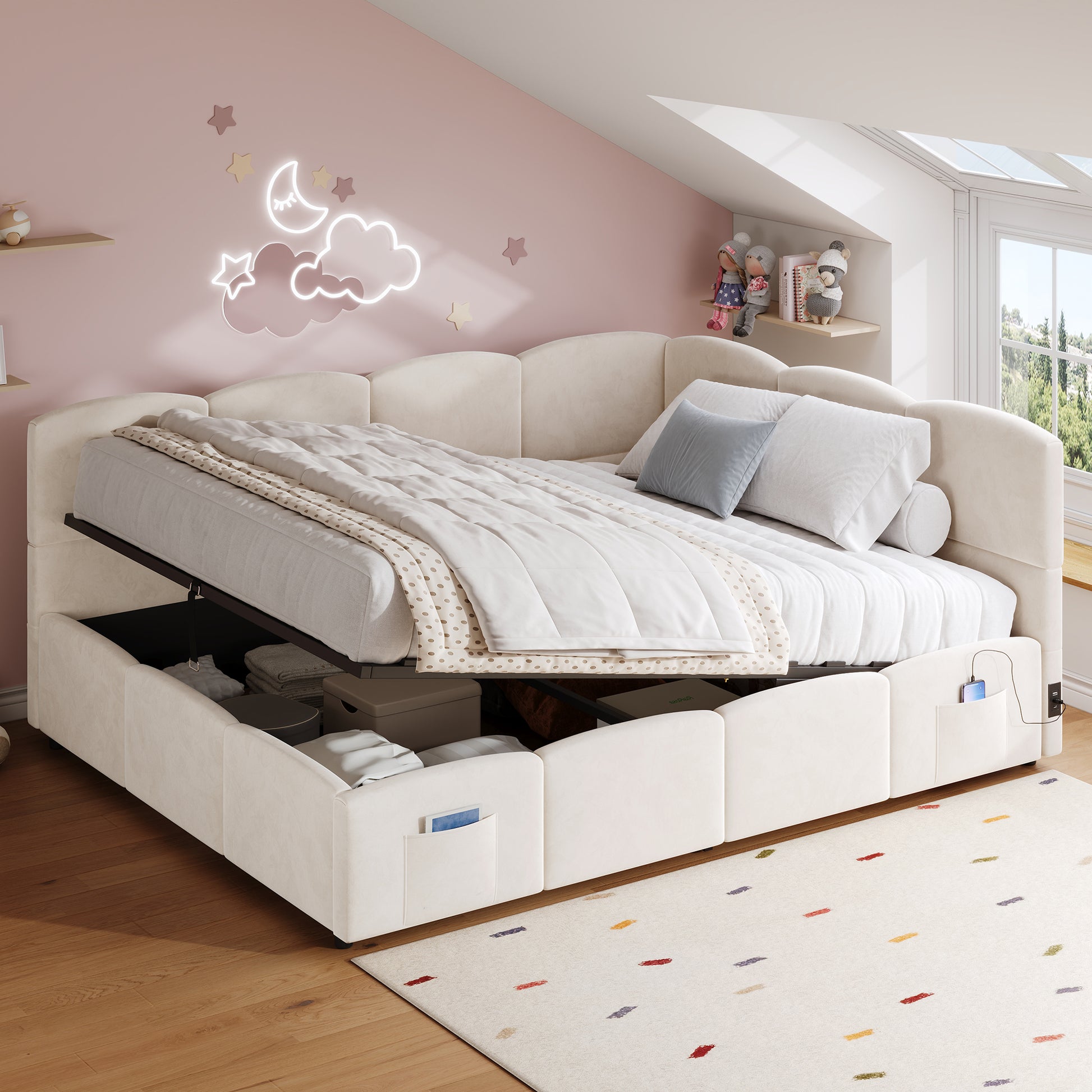 Gigab2b original image - Polsterbett,Kinderbett, Daybett, Stauraumbett, Schlafsofa 140x190 cm, mit Lattenrost, USB-Ladegerät, Stautasche, Jugendbett und Erwachsenen-Kinderbett,Samt, beige (ohne Matratze)