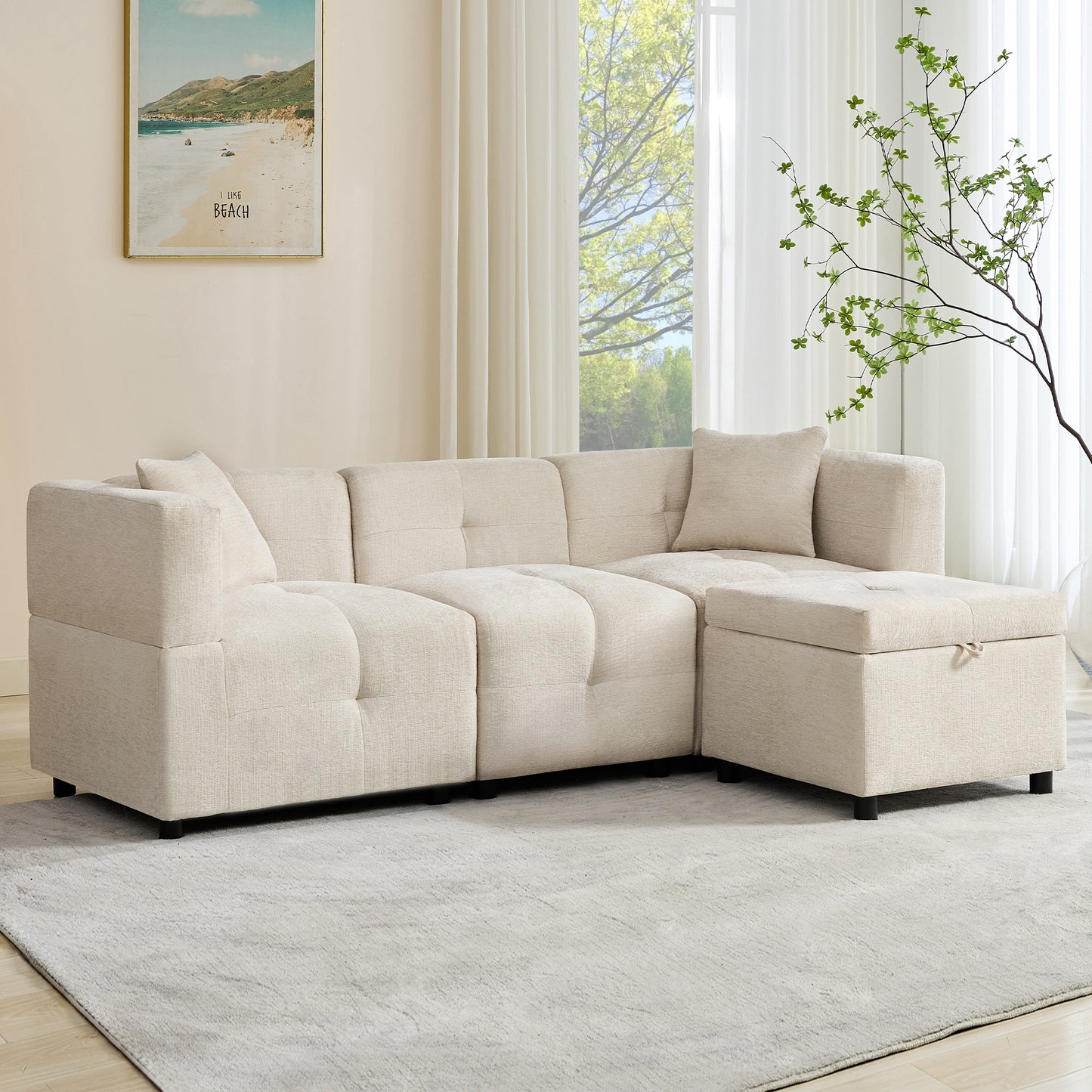 3-Sitzer-Sofa, Ecksofa mit Stauraum, L-förmiges Ecksofa mit abnehmbarem Fußhocker und 2 Kissen, geeignet für Wohnzimmer, Büro usw. Video verfügbar