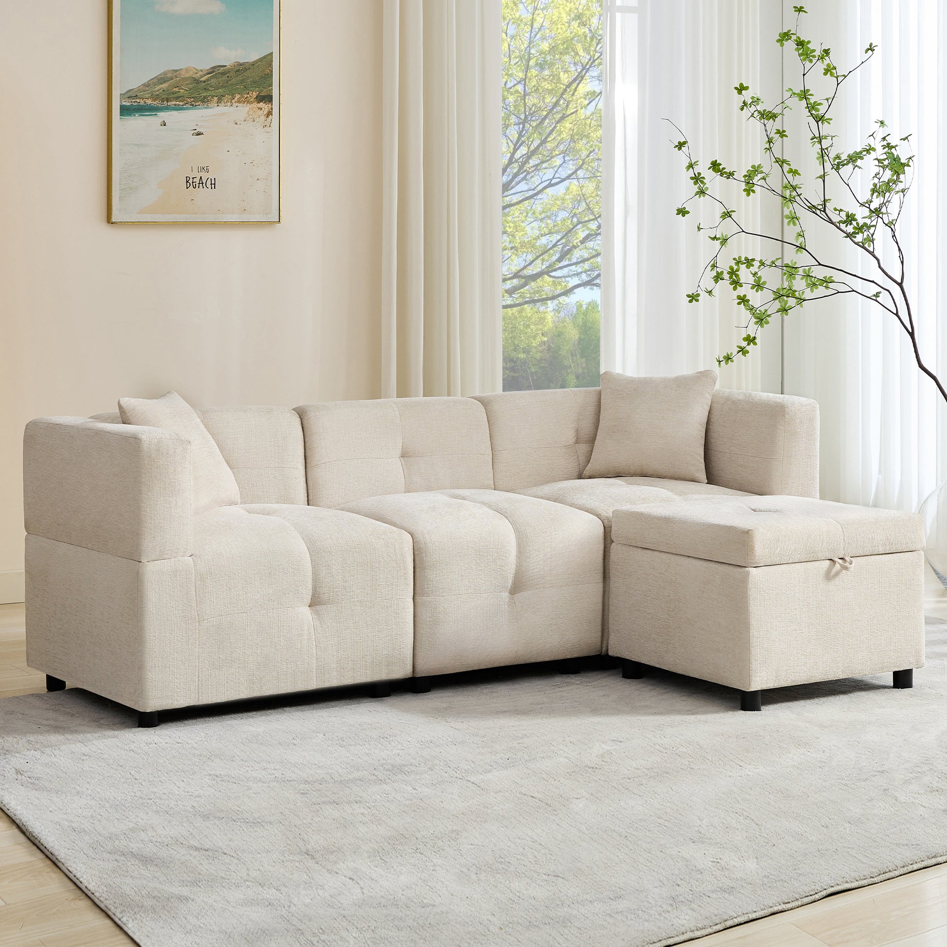 3-Sitzer-Sofa, Ecksofa mit Stauraum, L-förmiges Ecksofa mit abnehmbarem Fußhocker und 2 Kissen, geeignet für Wohnzimmer, Büro usw. Video verfügbar