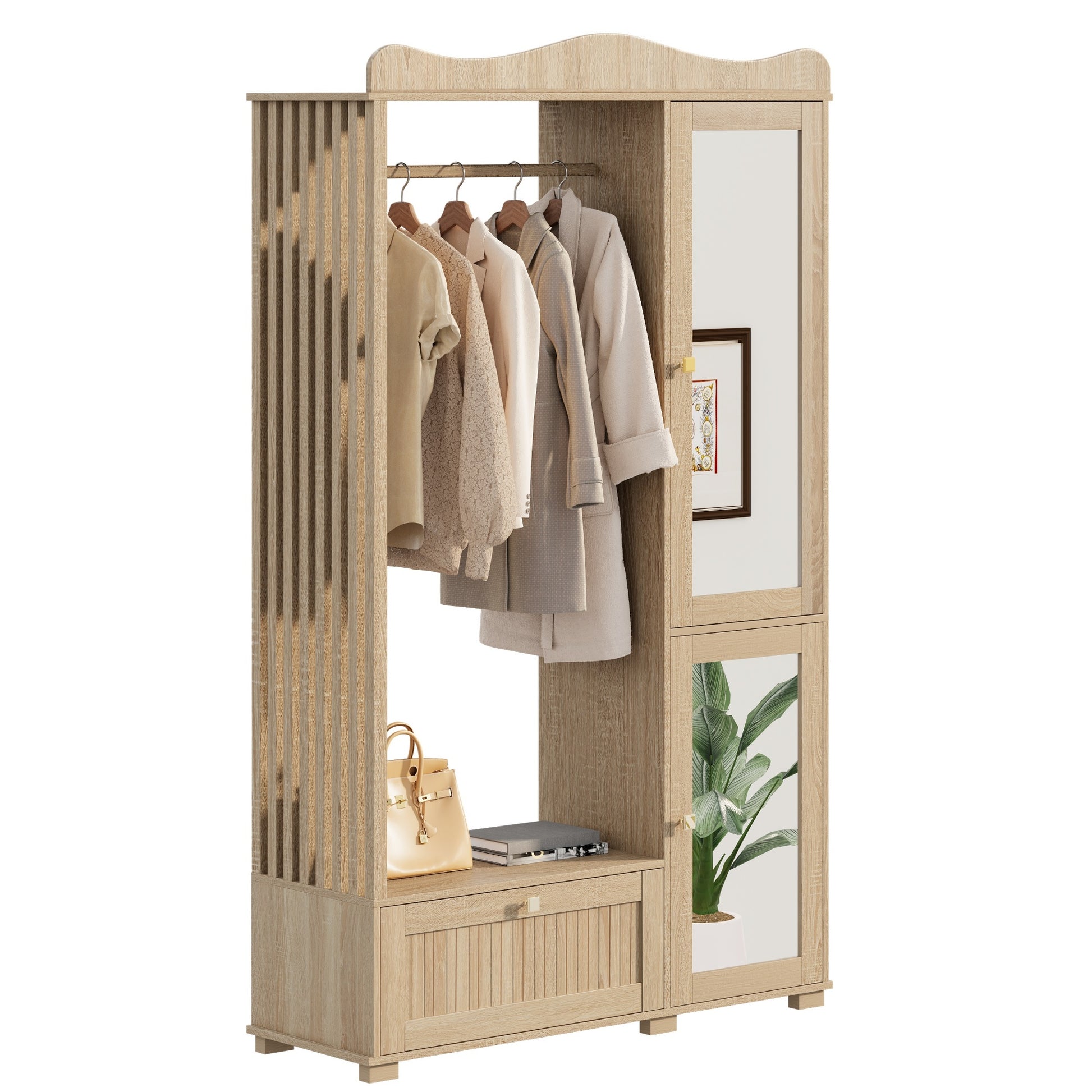 Gigab2b original image - Garderobenschrank mit Spiegel & Offener Kleiderständer – ,Kompaktgarderobe,Praktische Aufbewahrung mit Schublade & 2 Türen, Ideal für Schlafzimmer & Flur