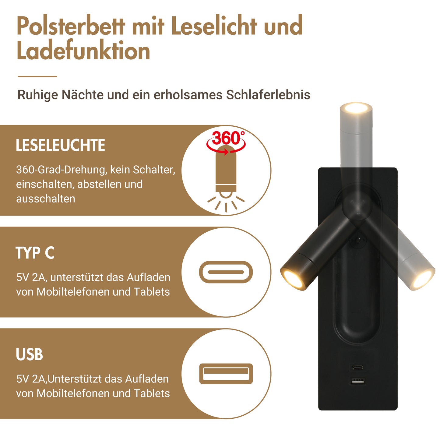 (=AB30748123B)Polsterbett Doppelbett 180×200 mit Leselampe und USB Type-C Ladefunktion, Stauraumbett Bettgestell mit Lattenrost aus Massivholz und Metall, Beige, Leinen (Ohne Matratze)