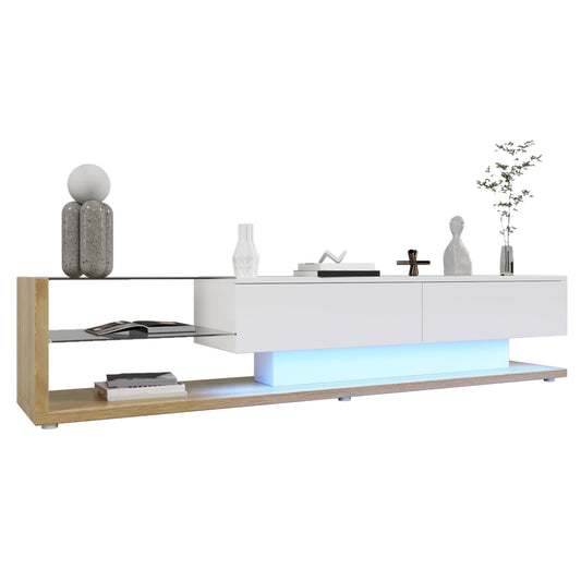 Gigab2b original image - TV-Schränke, Lowboards, Kombination aus Hochglanzweiß und Holzfarben. Glastrennwände und variable LED-Beleuchtung. Es kombiniert natürlichen Landhausstil mit modernem Design.