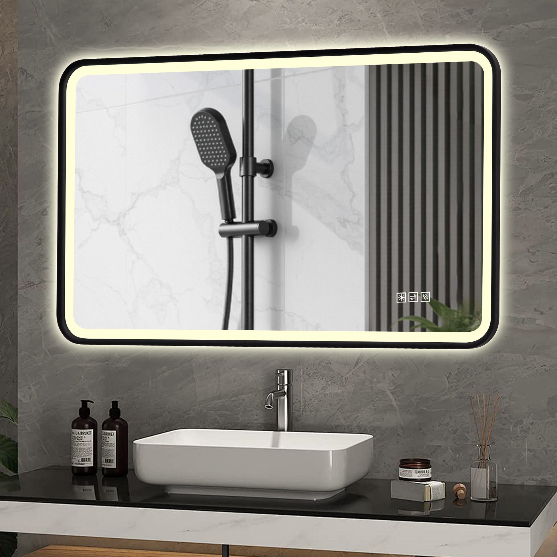 70×90cm LED Badezimmerspiegel mit schwarzem Aluminiumrahmen, Front- & Hintergrundbeleuchtung, Anti-Beschlag, 3 Lichtfarben, dimmbar, Memory-Funktion, horizontal & vertikal montierbar, IP44 wasserdich