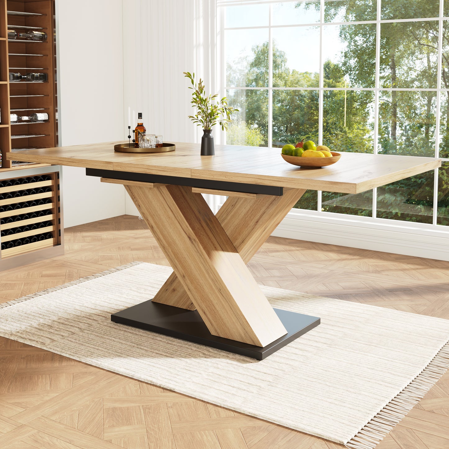 Gigab2b original image - Esstisch Teleskoptisch (119-158,5×80cm), Tisch, Küchentisch, Ausziehtisch, mit Hilfe innenliegender Einlegeplatten auf 119-158,5cm ausziehbar, für Küche und Wohnzimmer, Holzfarbener Esstisch mit gekre