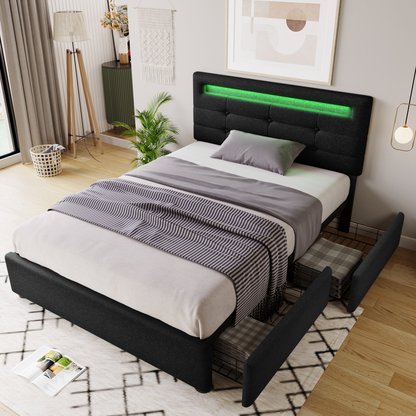 Bettgestell mit LED-Beleuchtung und 2 Schubladen, Einzelbett Polsterbett 90x200cm, Höhenverstellbarem Kopfteil, Lattenrost aus Holz, Schwarz (Ohne Matratze)