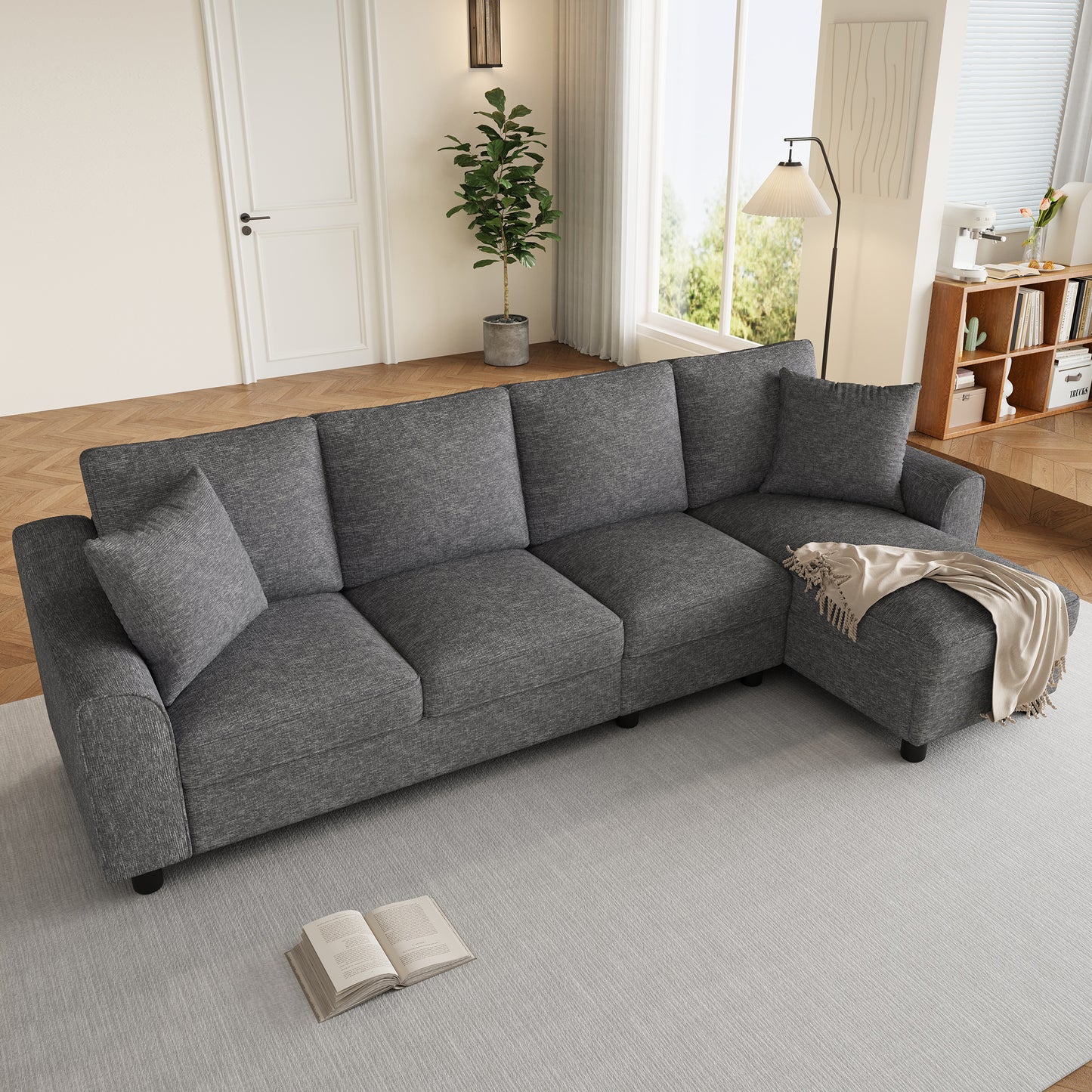 Modernes Chenille L-Form Sofa 3-Sitzer + Chaiselongue Ecksofa, Chaiselongue mit aufklappbarem Stauraum, klappbare Rückenlehne mit Getränkehaltern, multifunktionales modulares Sofa, Grau, 280×136×82cm