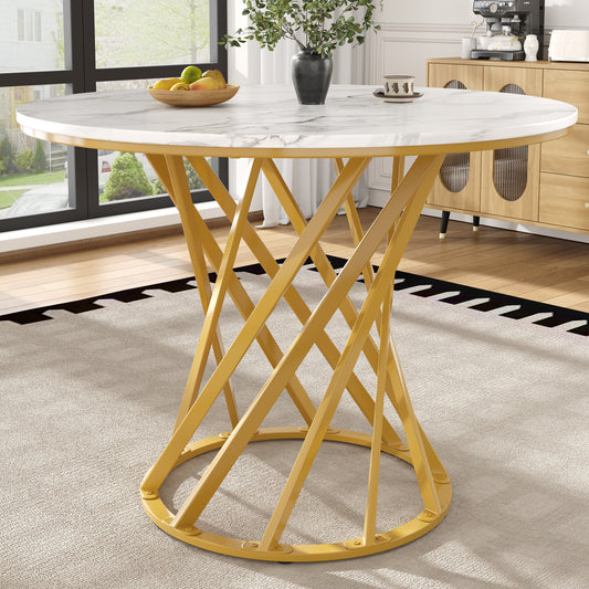 Gigab2b original image - Runder Esstisch (80×80×76cm), Küchentisch,, Runder Kaffeetisch für 4,geeignet für Esszimmer, Wohnzimmer,Tischbeine aus Metall,MDF marmorierte Tischplatte, goldene Beine
