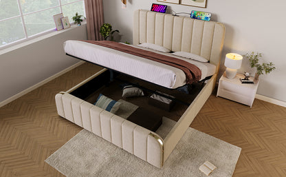 Polsterbett Doppeltes, gepolstertes Kopfteil mit goldenen Zierstreifen und ,USB Typ-C Ladefunktion 140*190 cm, Beige Leinen-Material Hydraulisches Lagerbett,Belastbarkeit 181 kg (Ohne Matratze)