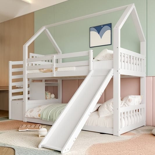 =(WX000402AAA-3)Etagenbett mit Stauraumtreppe und Rutsche,  Hausbett(Ohne Matratze),  Kinderbett mit Geländer, geeignet für Kinder,  Jugendliche,  90x200cm,  Weiß