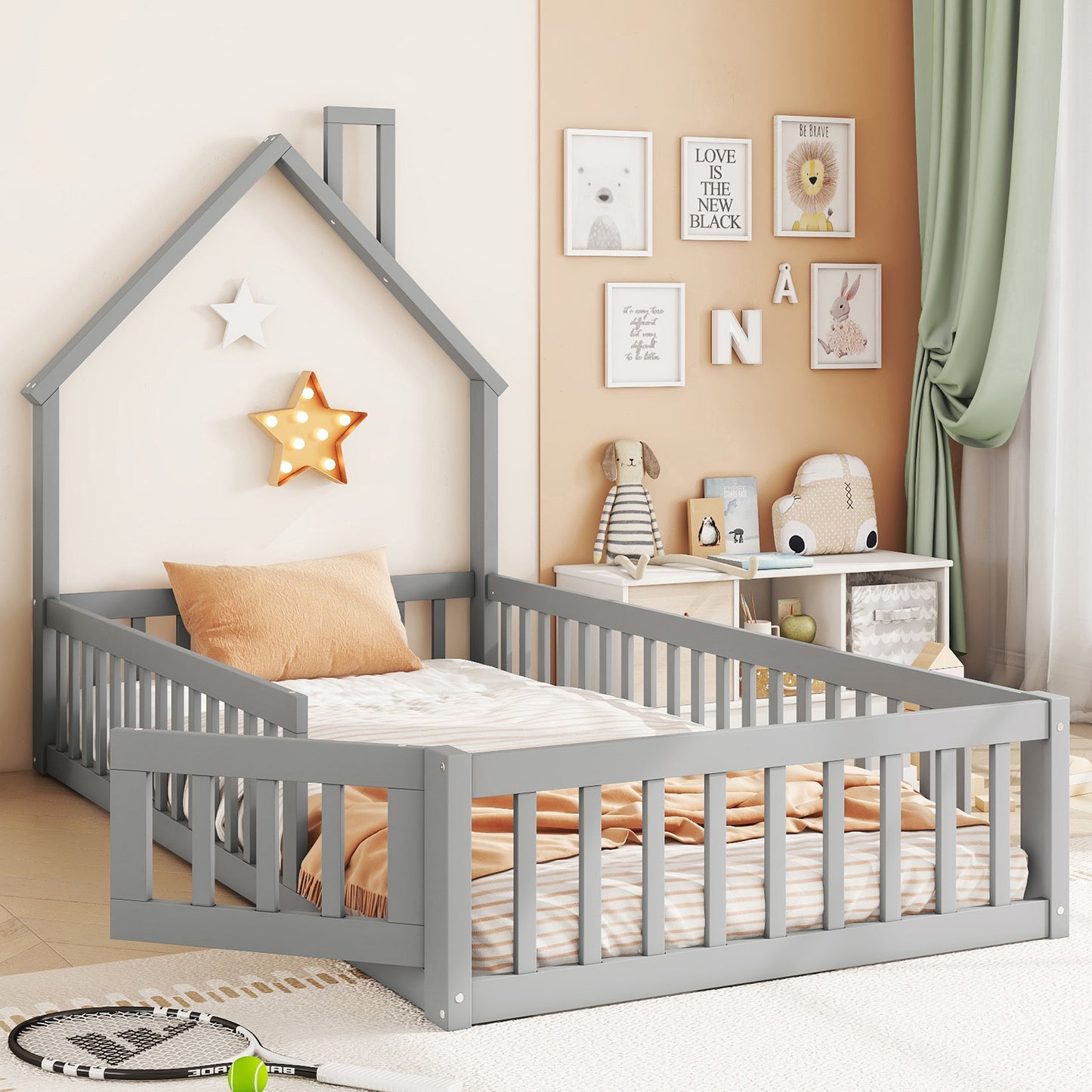 Gigab2b original image - Hausbett, 90 x 200 cm, Kinderbett mit Schornsteinform, Bett mit Lattenrost (ohne Matratze), Kiefernholz, Minimalistischer Stil, Grau