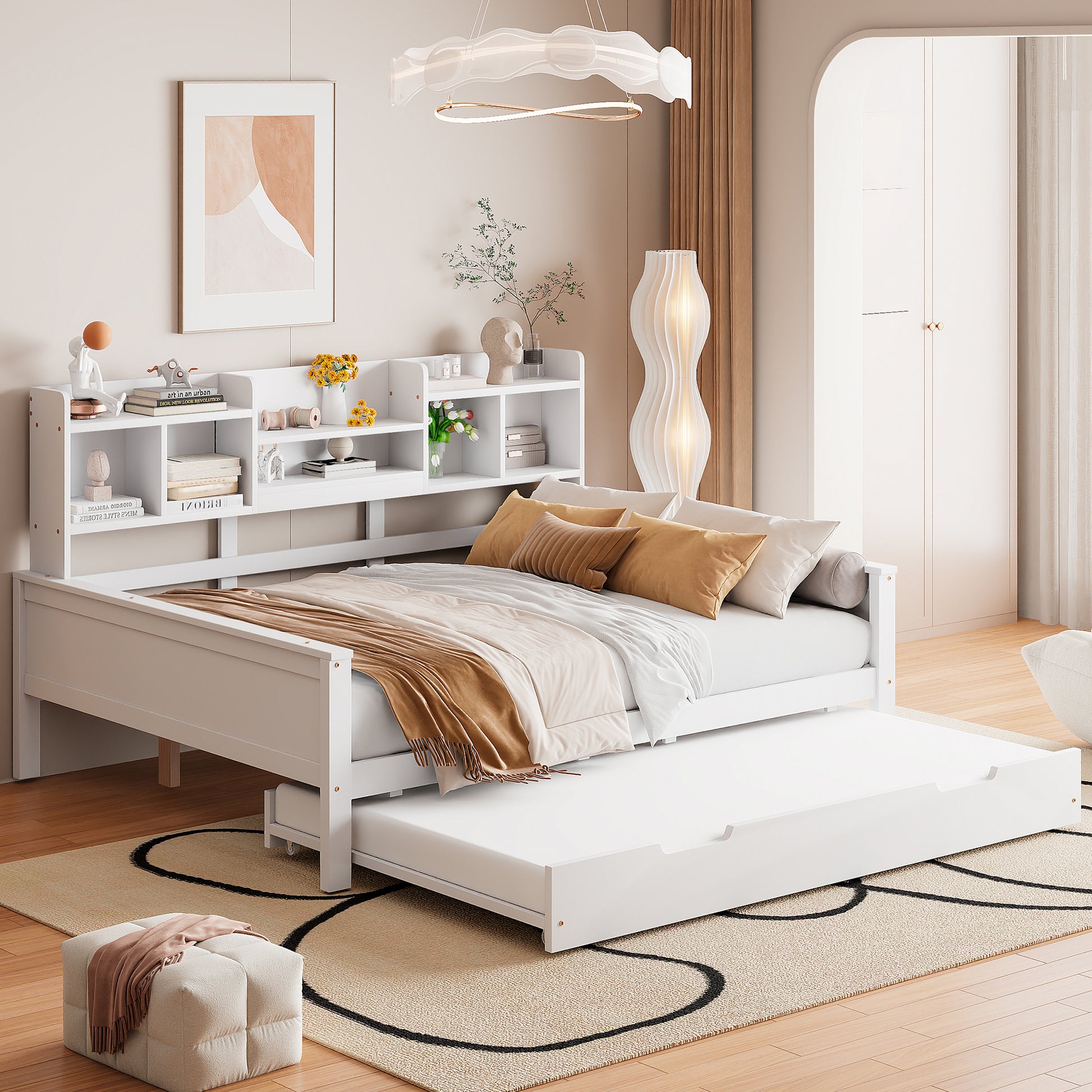 Ausziehbares Schlafsofa 140*200CM Massivholz, Ausziehbett 90*190CM, mit Staufach und Lattenrost, Kiefer Multifunktionsbett, Weiß