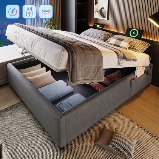 (=AB20843839G)Polsterbett Doppelbett 160×200 cm, Struraumbett Bettgestell mit USB- C und Vollflächiger Lattenrost, Ohne Kopfteil, Baumwolle, Grau