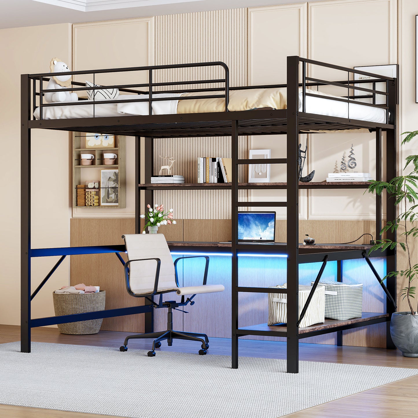 Gigab2b original image - Hochbett, 140*200 cm, Geländer, Trittleiter, mit usb und Steckdose, Mit LED-Leuchten, Schreibtisch, mehrstöckiges Regal, ohne Matratze, Metall, Schwarz