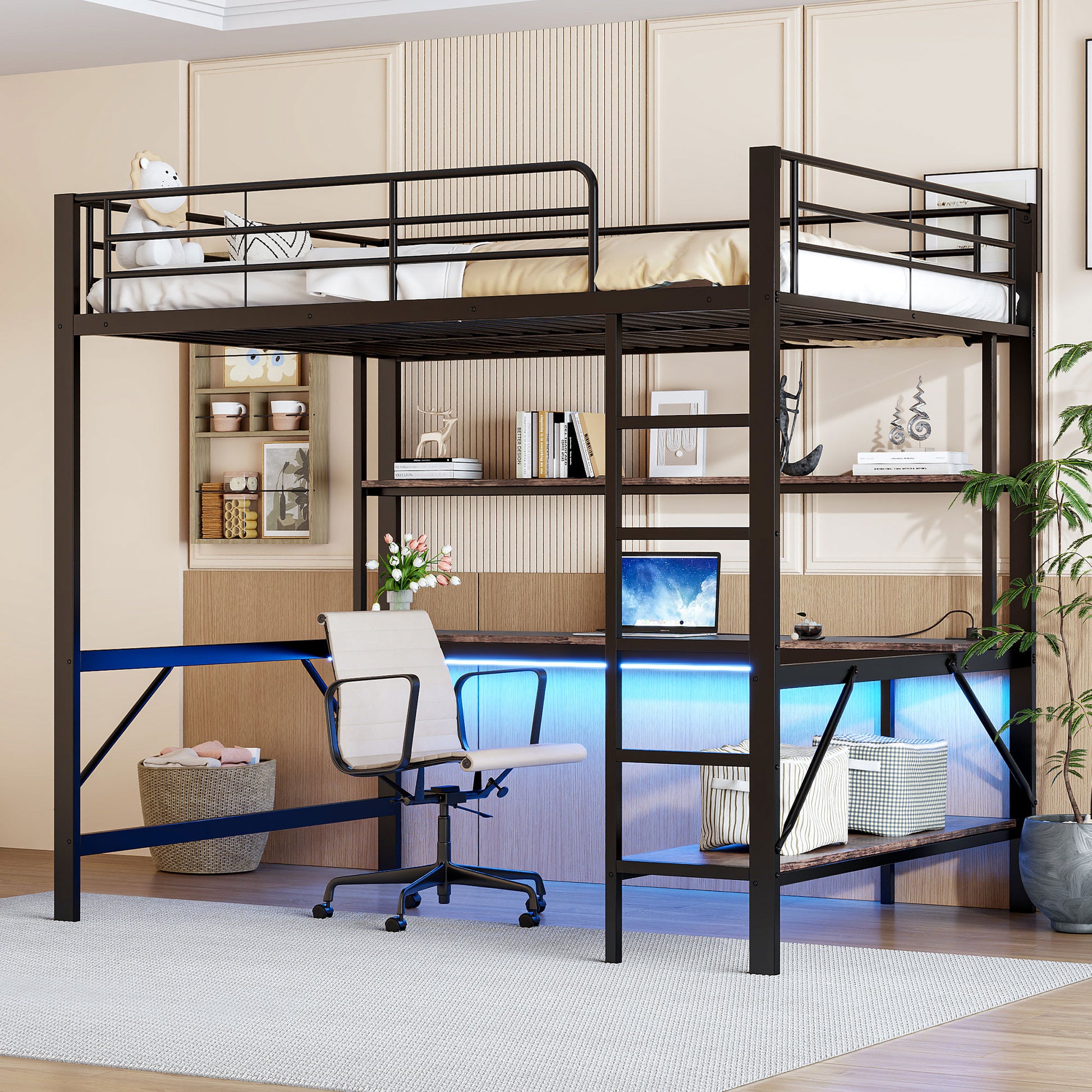 Gigab2b original image - Hochbett, 140*200 cm, Geländer, Trittleiter, mit usb und Steckdose, Mit LED-Leuchten, Schreibtisch, mehrstöckiges Regal, ohne Matratze, Metall, Schwarz