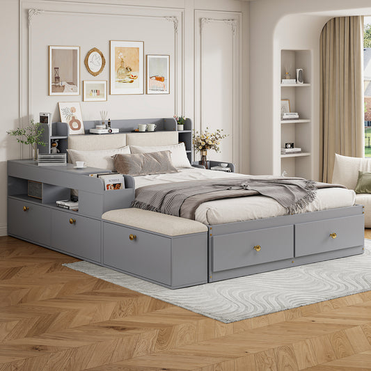 Gigab2b original image - Massivholz-Kombi-Bett 140*200cm, Kopfteil mit eingebautem Staufach, mit Schubladen, mit Nachttisch, mit Stauraum-Langschrank, mit Sofabank, Stauraumbett Doppelbett Stauraumbett Tatamibett, Grau