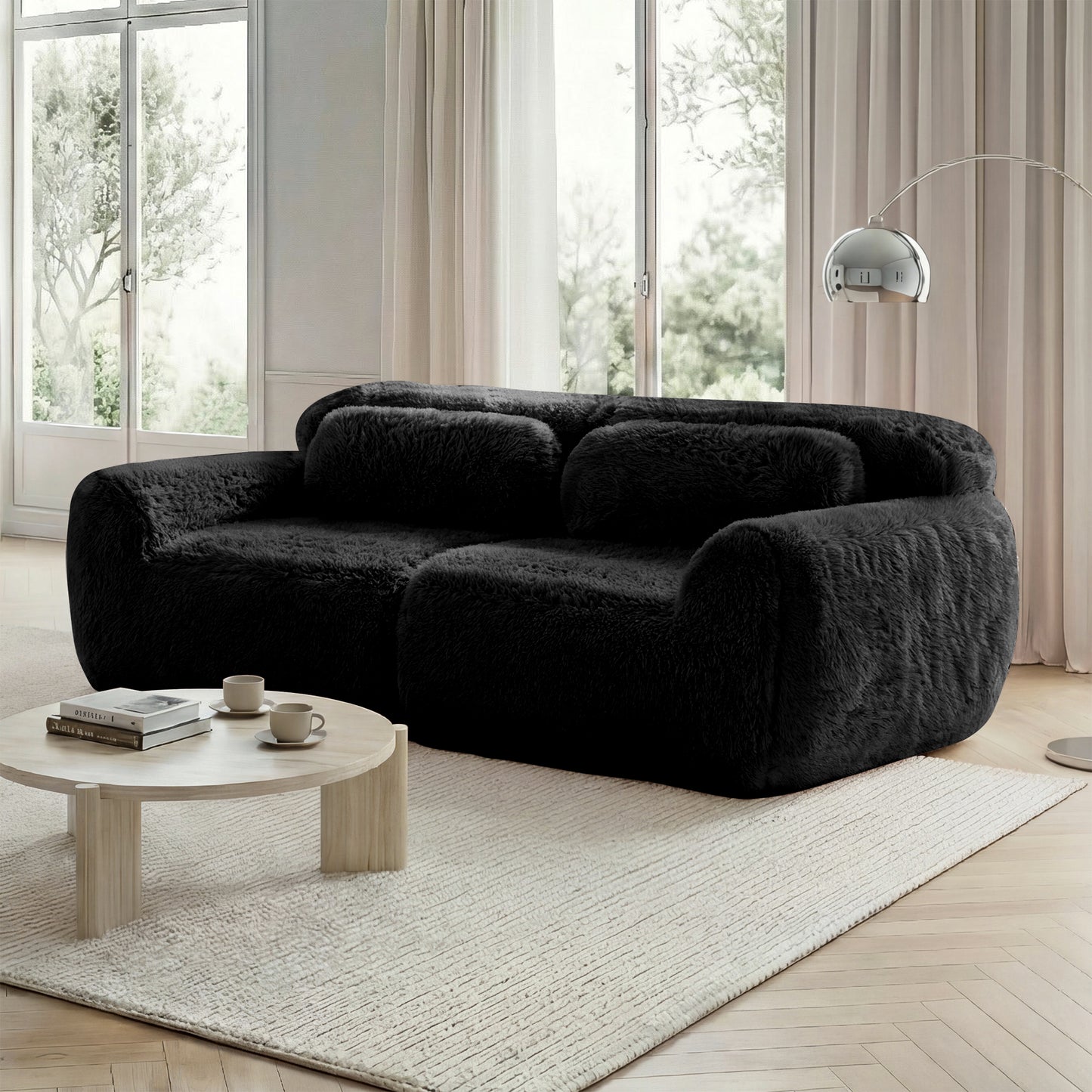 2-Sitzer Sofa, Plüschstoff, rahmenloses modulares Design, frei kombinierbar, mit Kissen. Weich, hochelastischer Schaumstoff, rutschfester Boden, geeignet für Wohnzimmer, Schlafzimmer,Schwarz