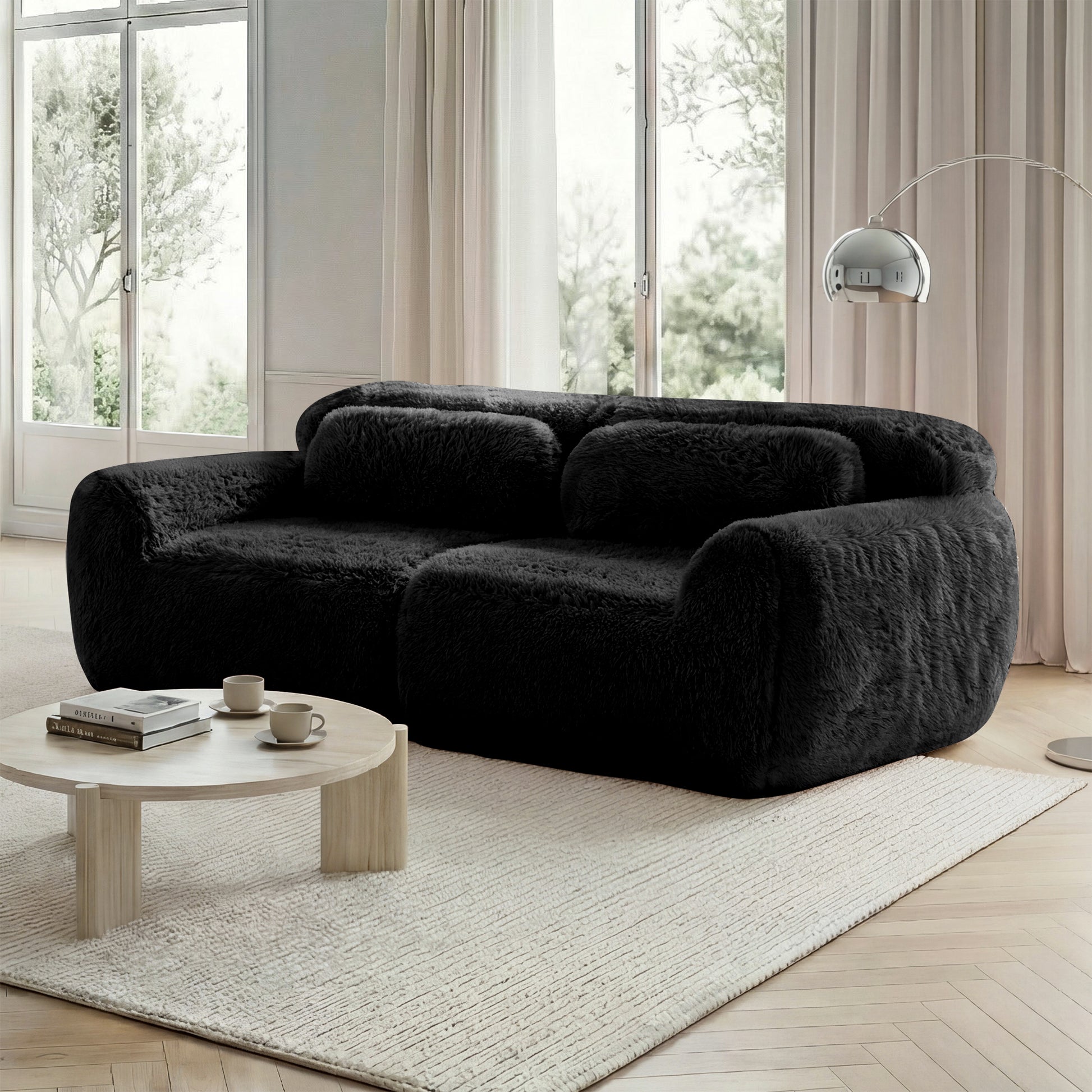 2-Sitzer Sofa, Plüschstoff, rahmenloses modulares Design, frei kombinierbar, mit Kissen. Weich, hochelastischer Schaumstoff, rutschfester Boden, geeignet für Wohnzimmer, Schlafzimmer,Schwarz