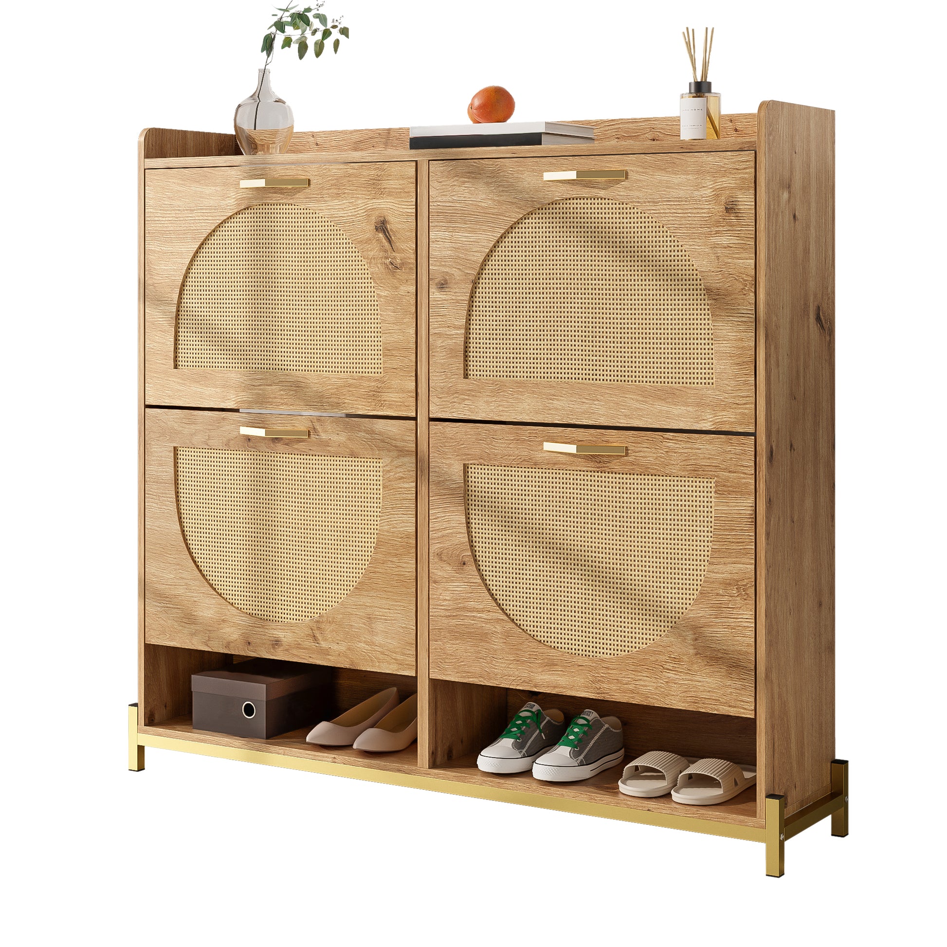 Gigab2b original image - Eleganter Schuhschrank aus Holz mit Rattantüren – 4 Türen, Metallrahmen und oberes Regal für stilvolle und übersichtliche Aufbewahrung.