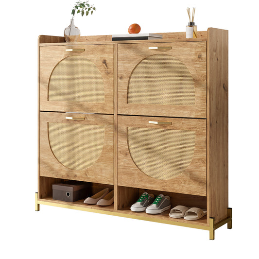 Gigab2b original image - Eleganter Schuhschrank aus Holz mit Rattantüren – 4 Türen, Metallrahmen und oberes Regal für stilvolle und übersichtliche Aufbewahrung.