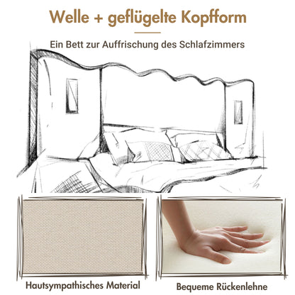 (=AB30748123B)Polsterbett Doppelbett 180×200 mit Leselampe und USB Type-C Ladefunktion, Stauraumbett Bettgestell mit Lattenrost aus Massivholz und Metall, Beige, Leinen (Ohne Matratze)