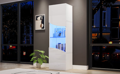 35*50*165cm Wohnzimmer-Vitrinenschrank,Hochglänzender Vitrinenschrank (Schranktüren), hoher Schrank mit großem Stauraum und LED-Beleuchtung.konkav bogenförmige Wellenoberflächengestaltung,Weiß