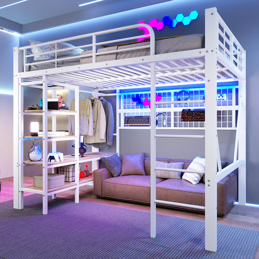 Gigab2b original image - Hochbett, 140 x 200 cm, Eisenrahmen, Ablagefach, Netz zum Aufhängen von Gegenständen, mit Kleiderstange, offener Raum unter dem Bett, mit LED-Lichtleiste, ohne Matratze, Weiß