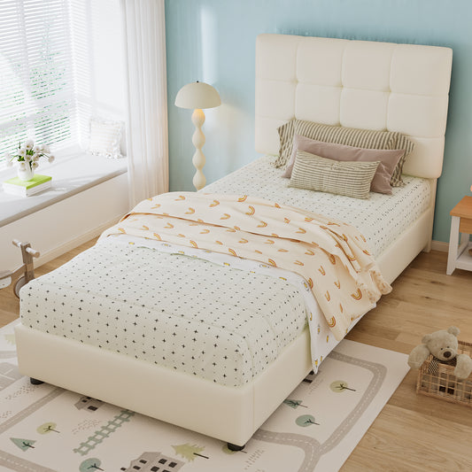 Gigab2b original image - Polsterbett, Einzelbett, Kinderbett, Weiche Kopfteil-Rückenlehne und Antikollisions-Schwammkante, Keksförmiges Kopfteil,  PU + Eisen + Schwamm+Sperrholz,  Beige, 90x200cm