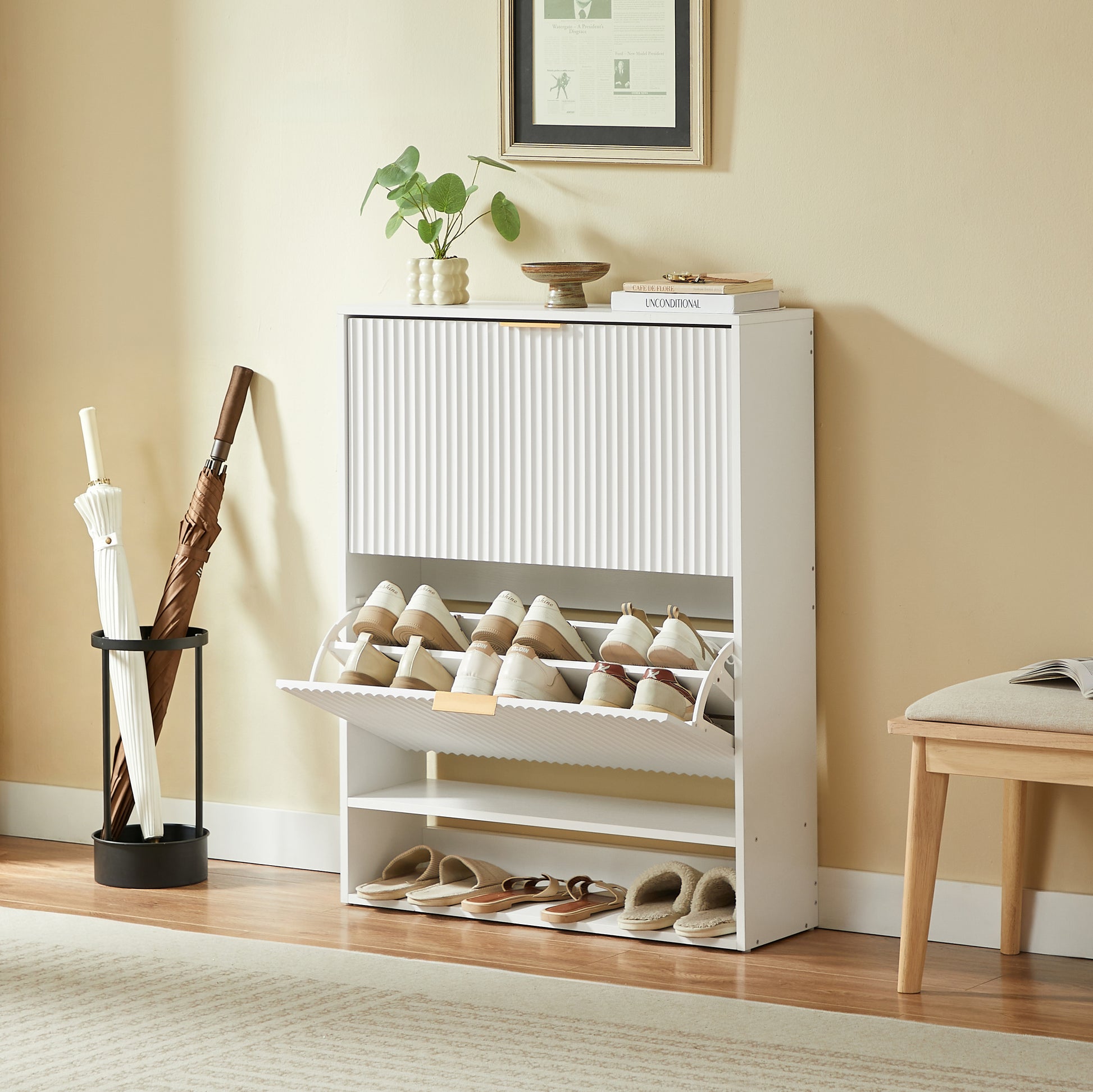 80 x 24 cm Schuhschrank mit Nutfront – Höhenverstellbar mit Kippschutz und Dekotisch für den Flur, in Weiß