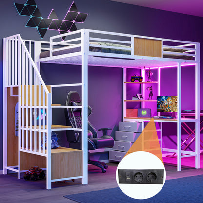 Metal Loft Bed with Desk, Storage, and Clothes Rail