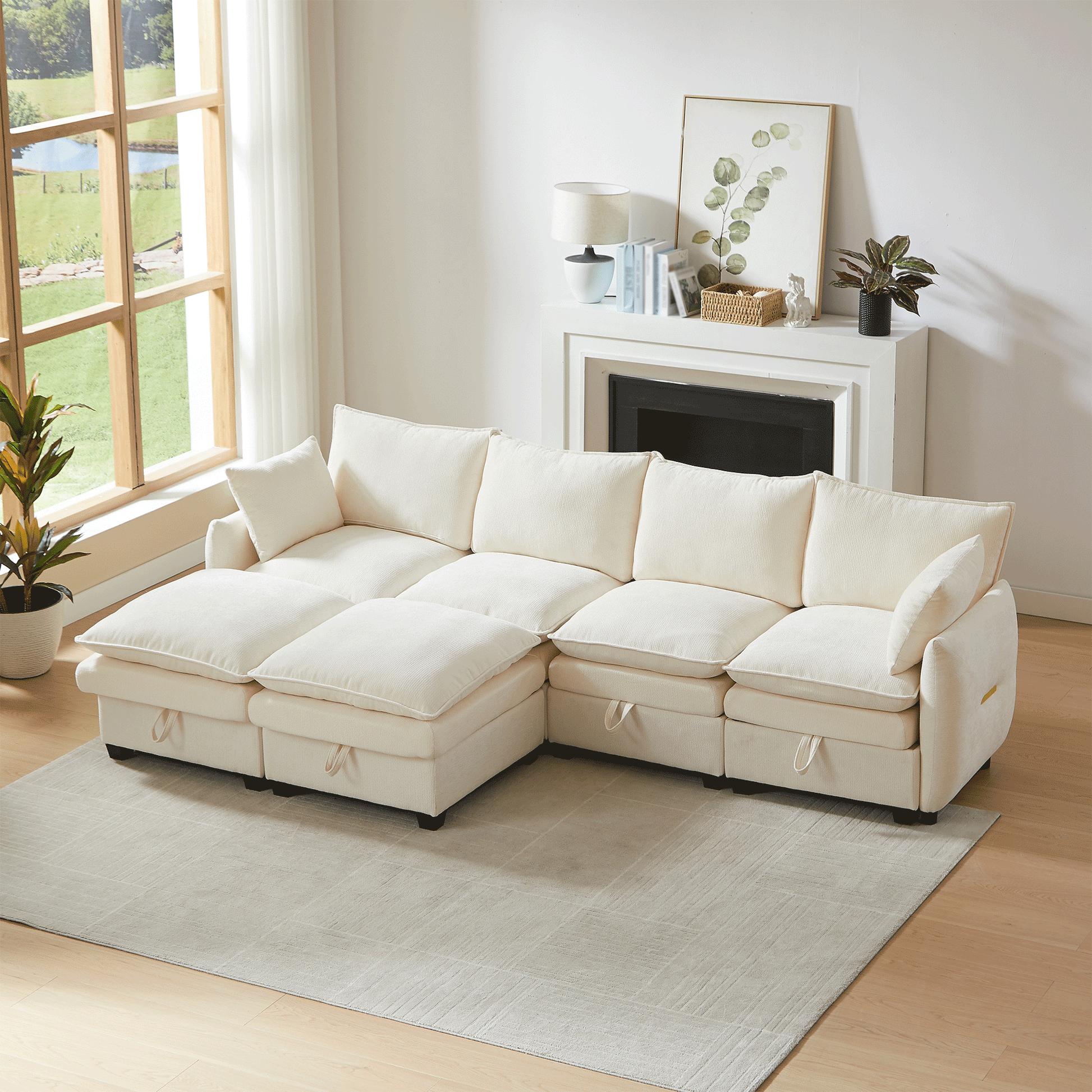Gigab2b original image - U-förmiges Sofa mit Stauraum, modulares Sofa-Set, bestehend aus vier Sitzelementen und zwei Fußhockern, modernes Sofa mit Kissen und Armlehnenkissen, Chenille-Bezug, Massivholzrahmen
