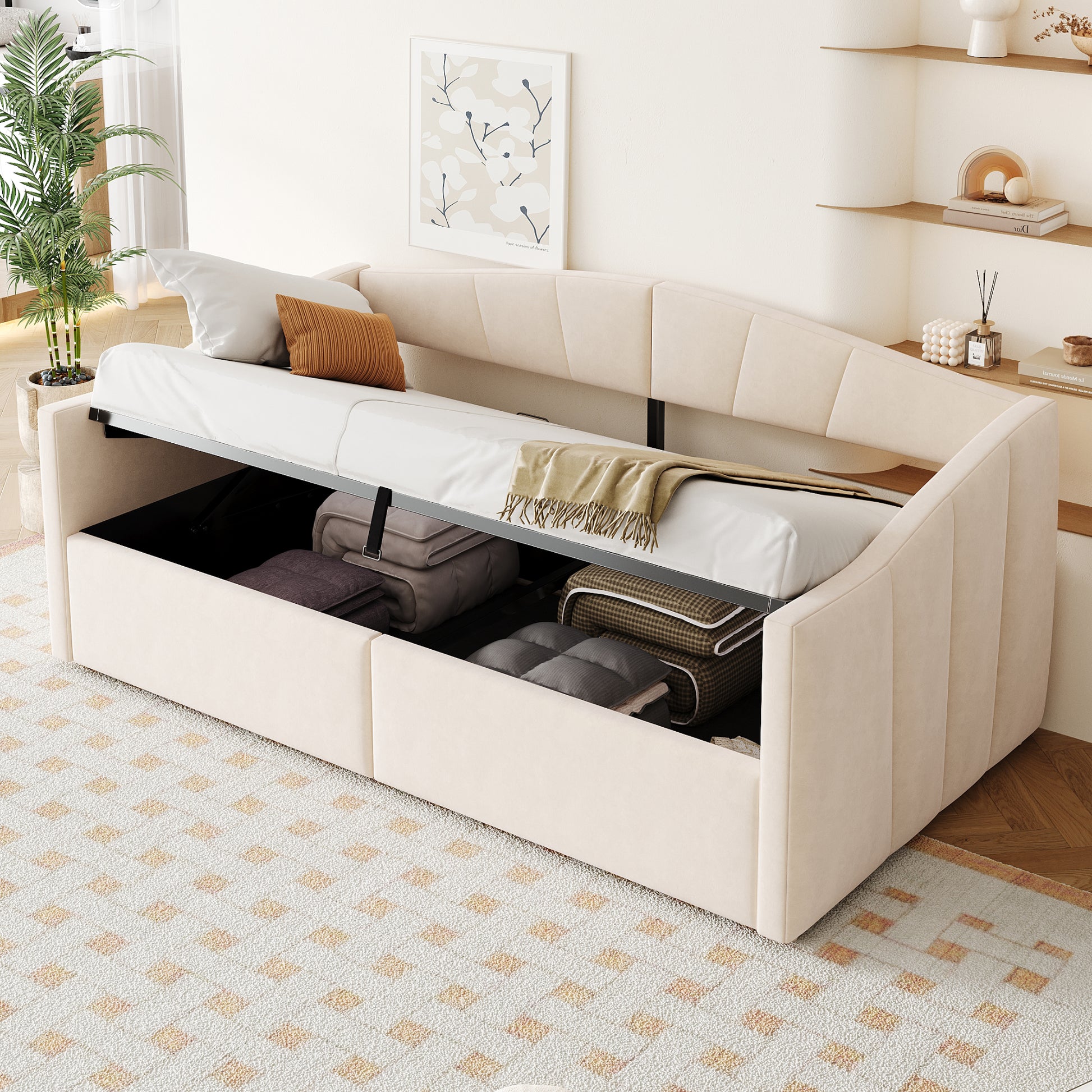 Gigab2b original image - Polsterbett Sofabett 90*200 cm, Mit hydraulischer Lagerung, Mit Lattenrost und Armlehnen, Klassisch Gestreift, Multifunktionales Einzelbett, Hautfreundlicher Samtstoff, Beige